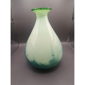 Amici Hand Blown Cased Art Glass Vase Teal Green Blue Swirl Spots Ocean GLOWS
